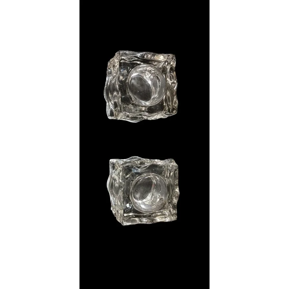 Set Of 2 Partylite GLACIER Square Ice Clear Glass Tealight Candle Holder UV Glow